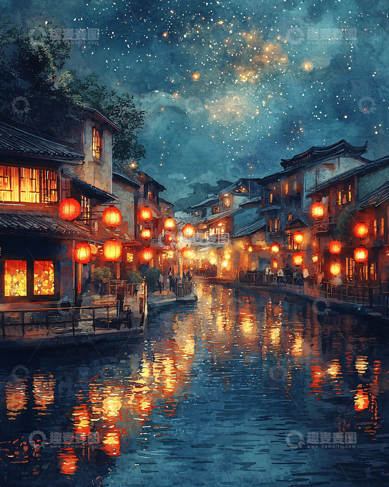高清大图下载【趣麦麦图】夜幕下的江南水乡灯火