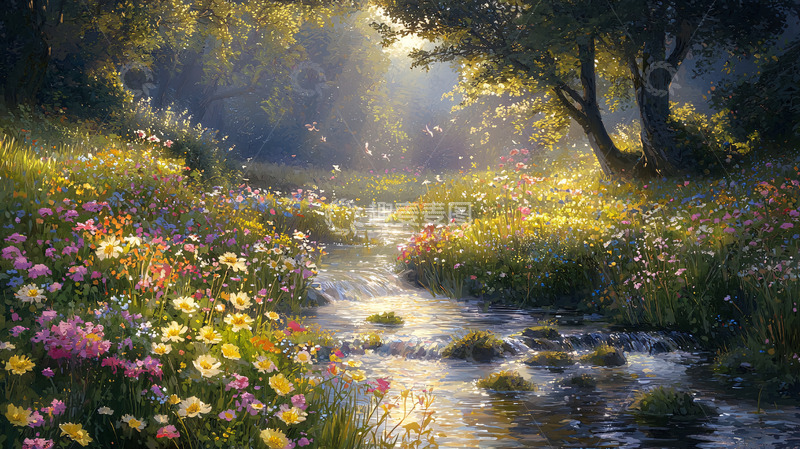 高清大图下载【趣麦麦图】阳光森林溪流花海