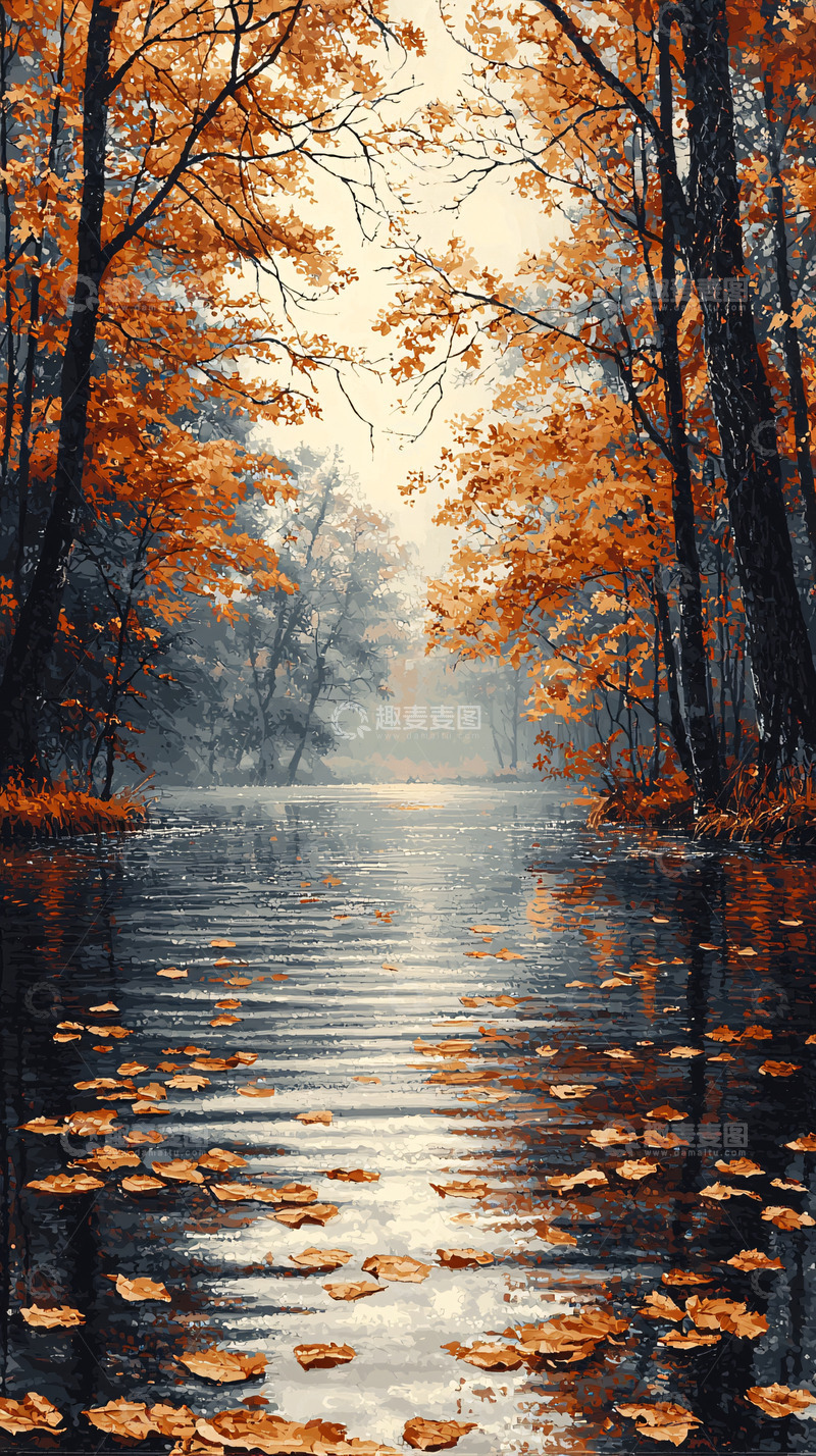 高清大图下载【趣麦麦图】秋日森林小溪倒影