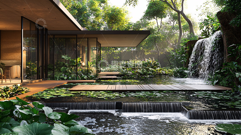高清大图下载【趣麦麦图】现代风格庭院瀑布