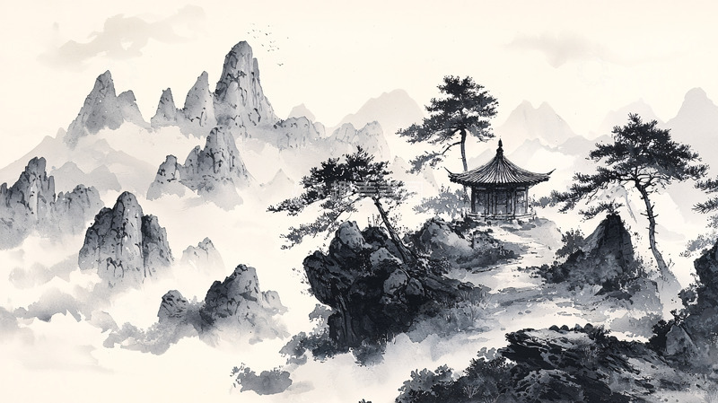 高清大图下载【趣麦麦图】水墨山水间的亭台楼阁