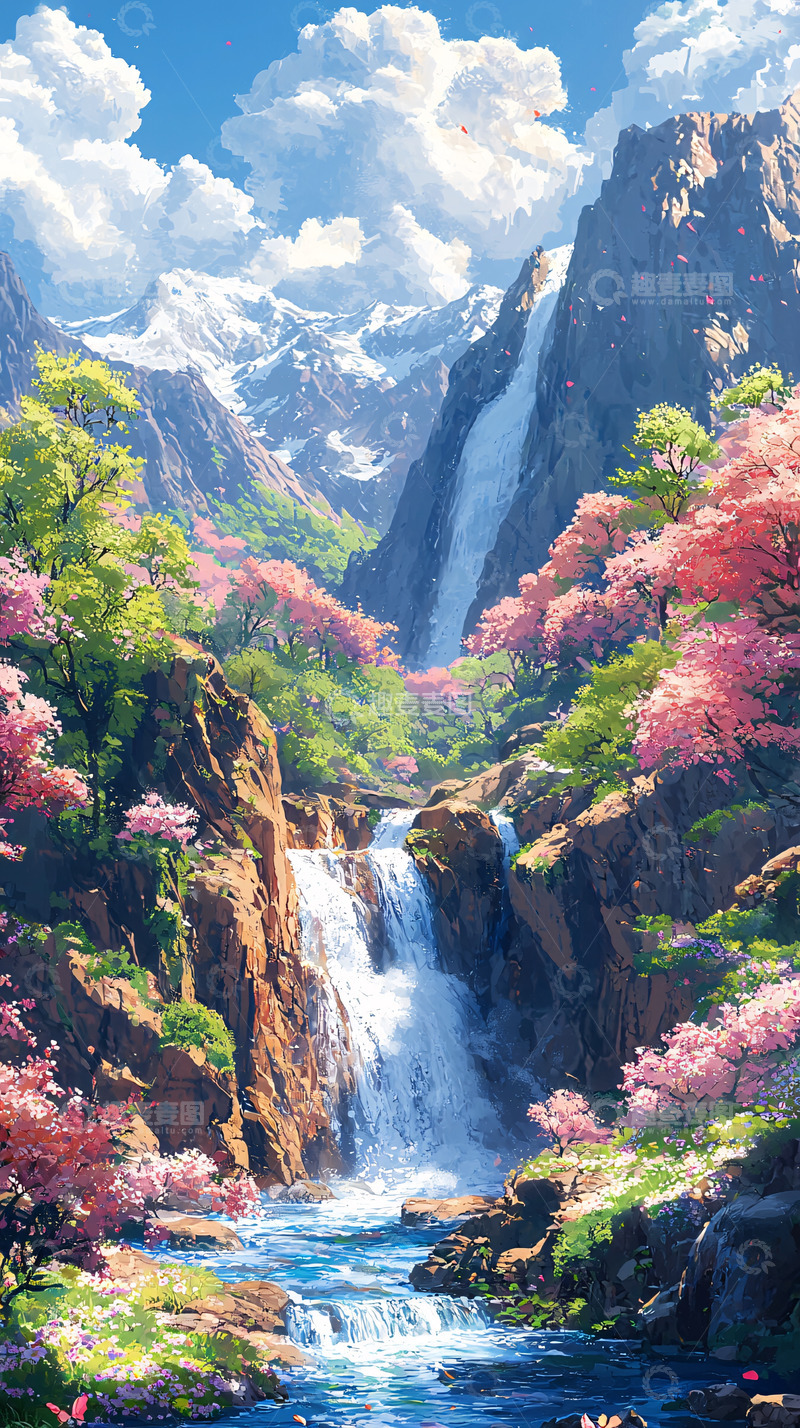 高清大图下载【趣麦麦图】山间瀑布樱花盛开
