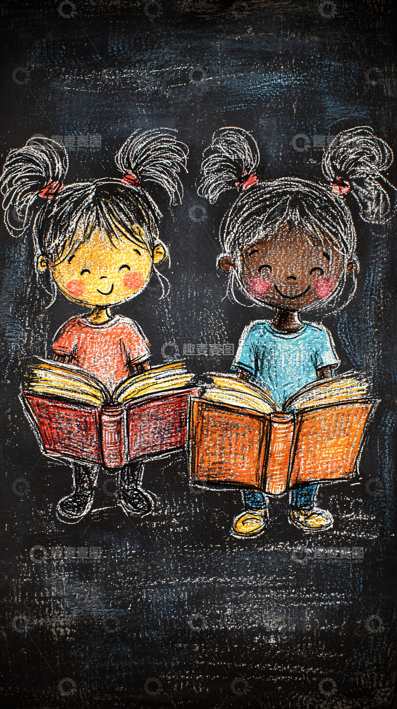 高清大图下载【趣麦麦图】黑板风格儿童读书插画