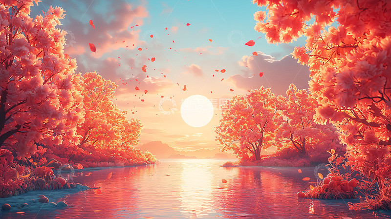 高清大图下载【趣麦麦图】梦幻粉色树林日落