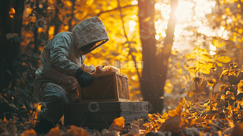 高清大图下载【趣麦麦图】秋天森林落日男子