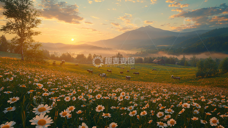 高清大图下载【趣麦麦图】日出山峦牧场雏菊花海
