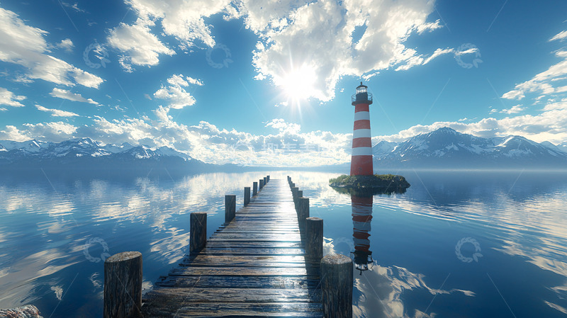 高清大图下载【趣麦麦图】宁静海面灯塔木栈道