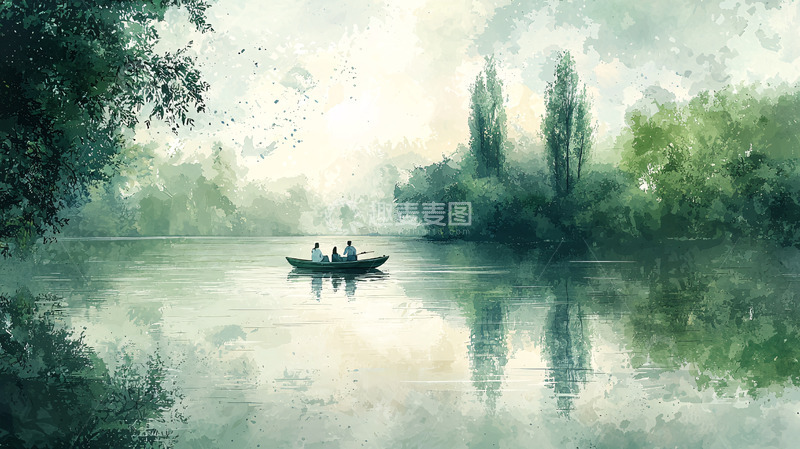 高清大图下载【趣麦麦图】清晨薄雾湖面泛舟