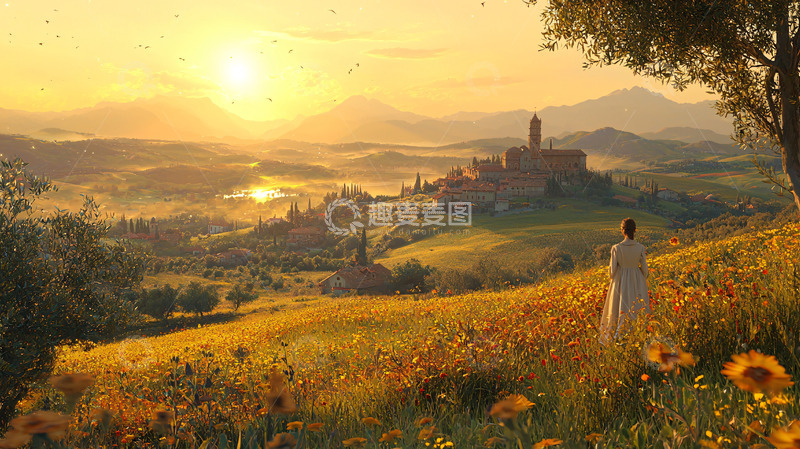 高清大图下载【趣麦麦图】日出时分田园小镇
