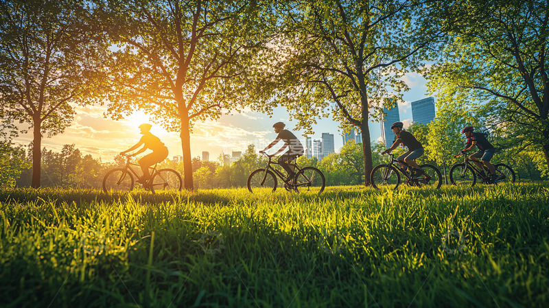 高清大图下载【趣麦麦图】夕阳下骑行的人群