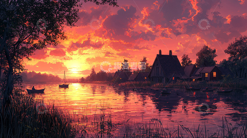 高清大图下载【趣麦麦图】夕阳西下湖边小屋