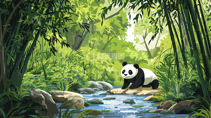 高清大图下载【趣麦麦图】熊猫在竹林溪边