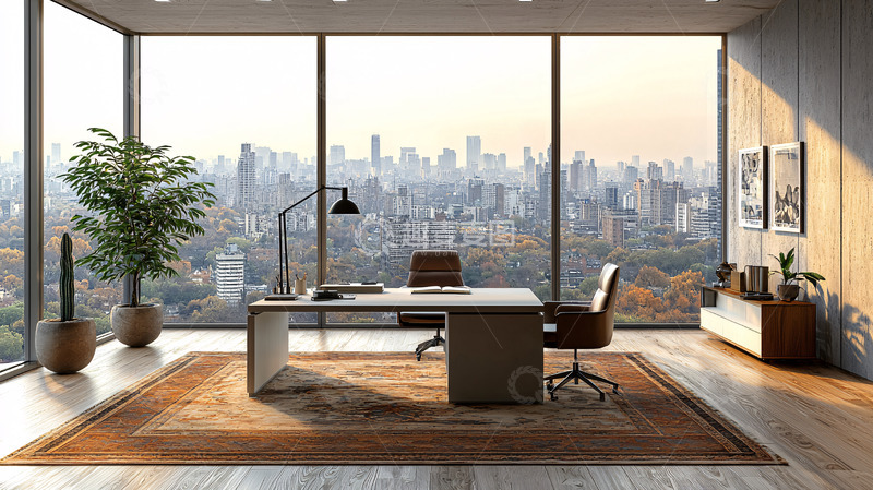 高清大图下载【趣麦麦图】现代办公室落地窗城市景观