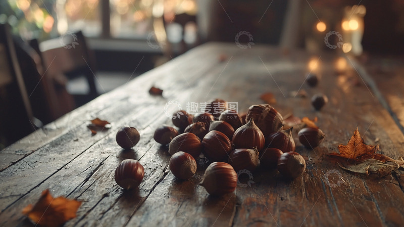 高清大图下载【趣麦麦图】木桌上的一堆栗子