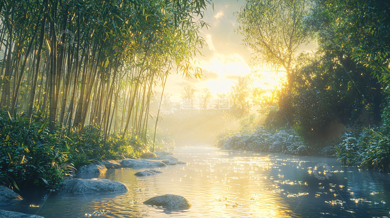 高清大图下载【趣麦麦图】清晨阳光下的竹林小溪
