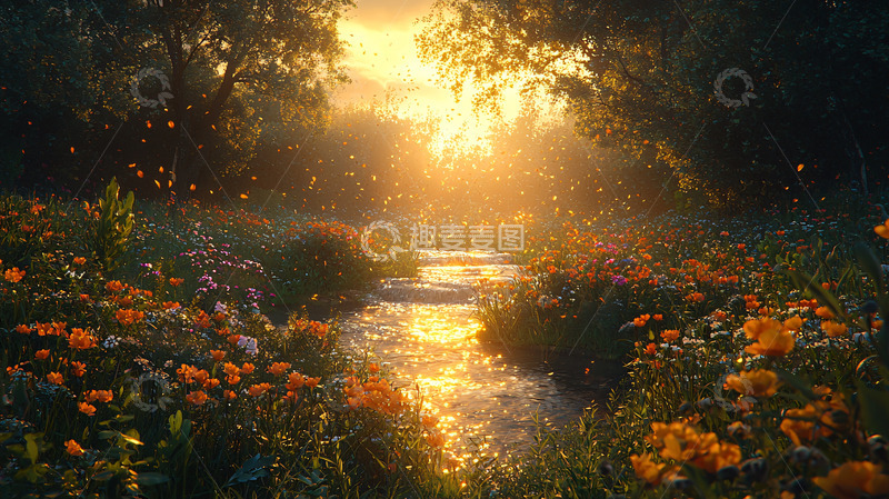 高清大图下载【趣麦麦图】金色阳光下的花田溪流