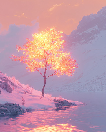 发光树与雪山湖泊的唯美景色