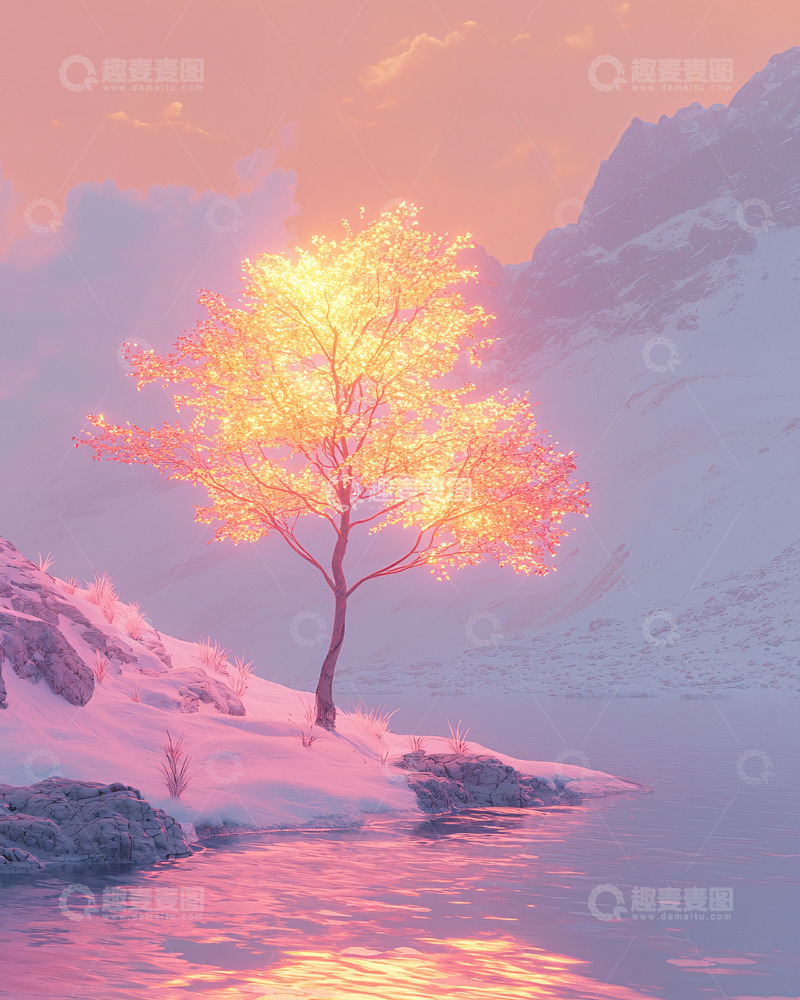 高清大图下载【趣麦麦图】发光树与雪山湖泊的唯美景色