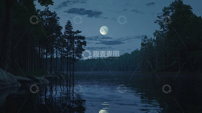 高清大图下载【趣麦麦图】月夜森林湖泊景色
