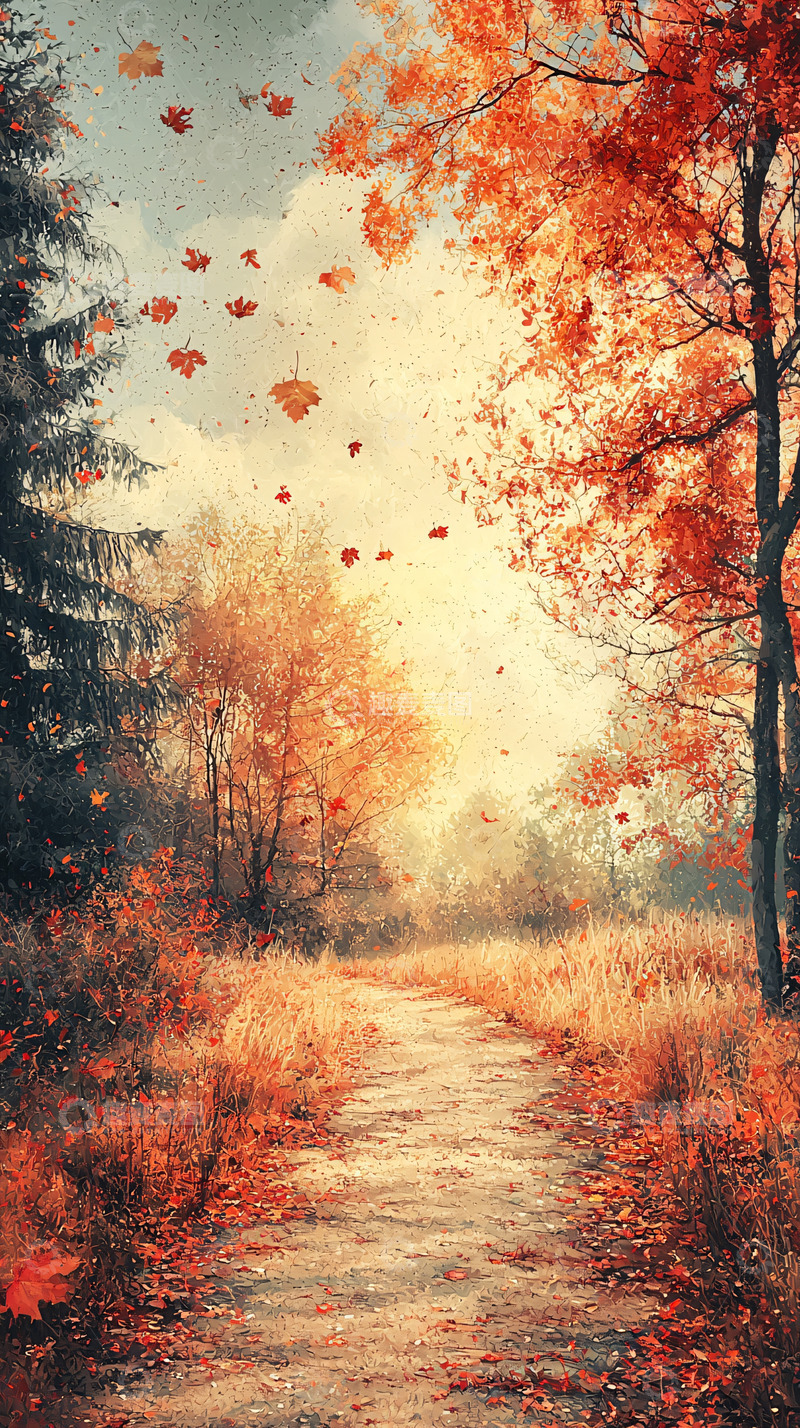 高清大图下载【趣麦麦图】秋日小路落叶纷飞