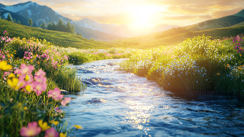 高清大图下载【趣麦麦图】山间溪流傍晚景色