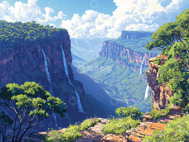 高清大图下载【趣麦麦图】峡谷瀑布风景画