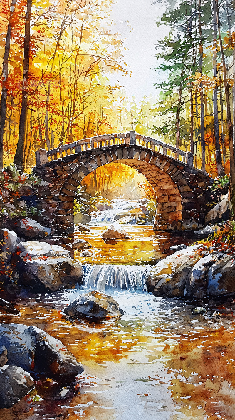 高清大图下载【趣麦麦图】秋日森林小桥流水