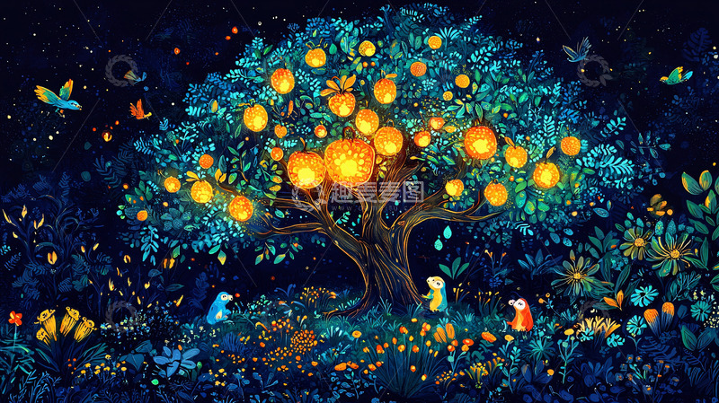 高清大图下载【趣麦麦图】夜空下的发光果树