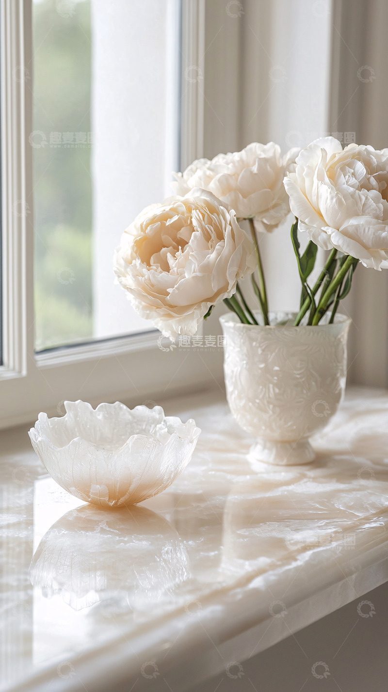高清大图下载【趣麦麦图】窗边白色花朵和瓷器