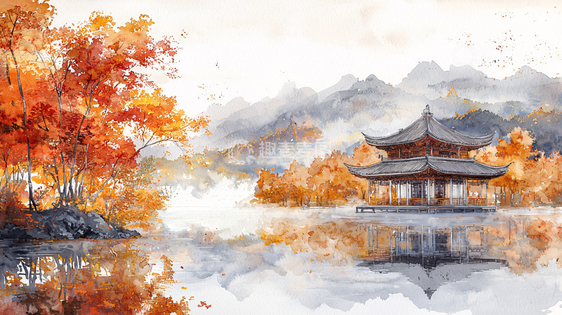高清大图下载【趣麦麦图】水墨秋景亭台楼阁山水