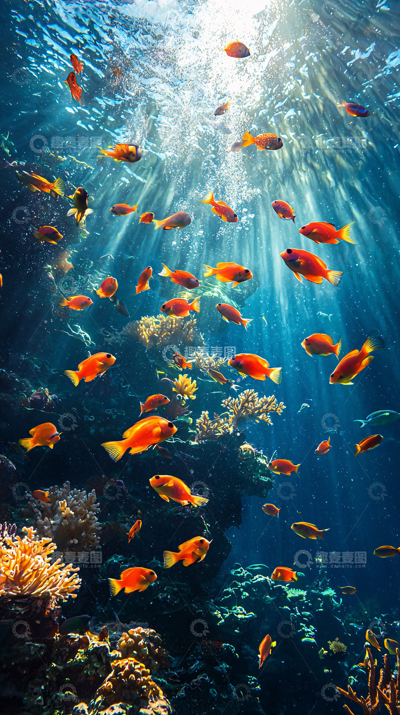 高清大图下载【趣麦麦图】阳光透过海水照射珊瑚礁鱼群