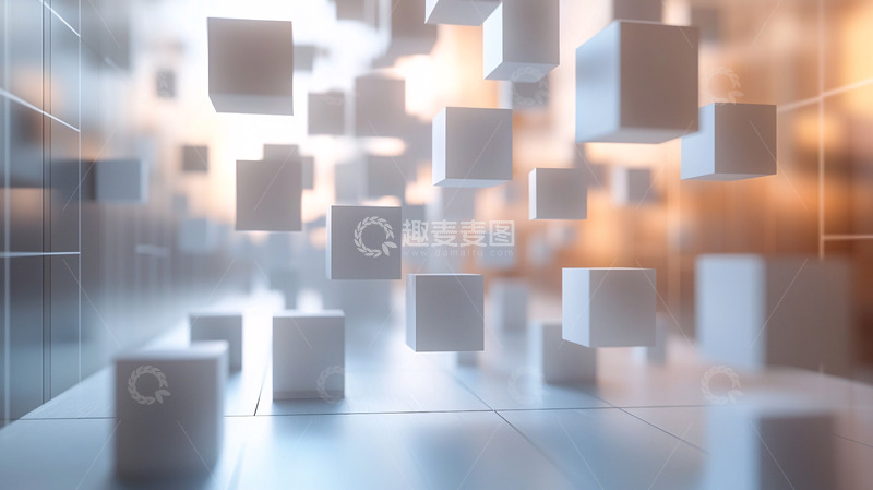 高清大图下载【趣麦麦图】光影漂浮的白色立方体空间