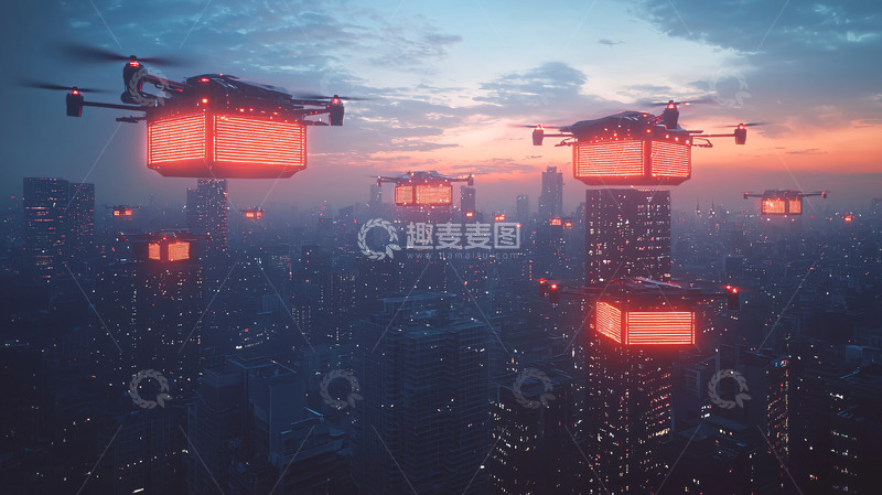 高清大图下载【趣麦麦图】未来城市无人机快递