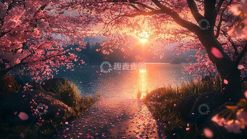 高清大图下载【趣麦麦图】唯美落樱湖畔夕阳
