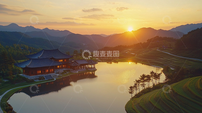 高清大图下载【趣麦麦图】日落余晖下的山水田园