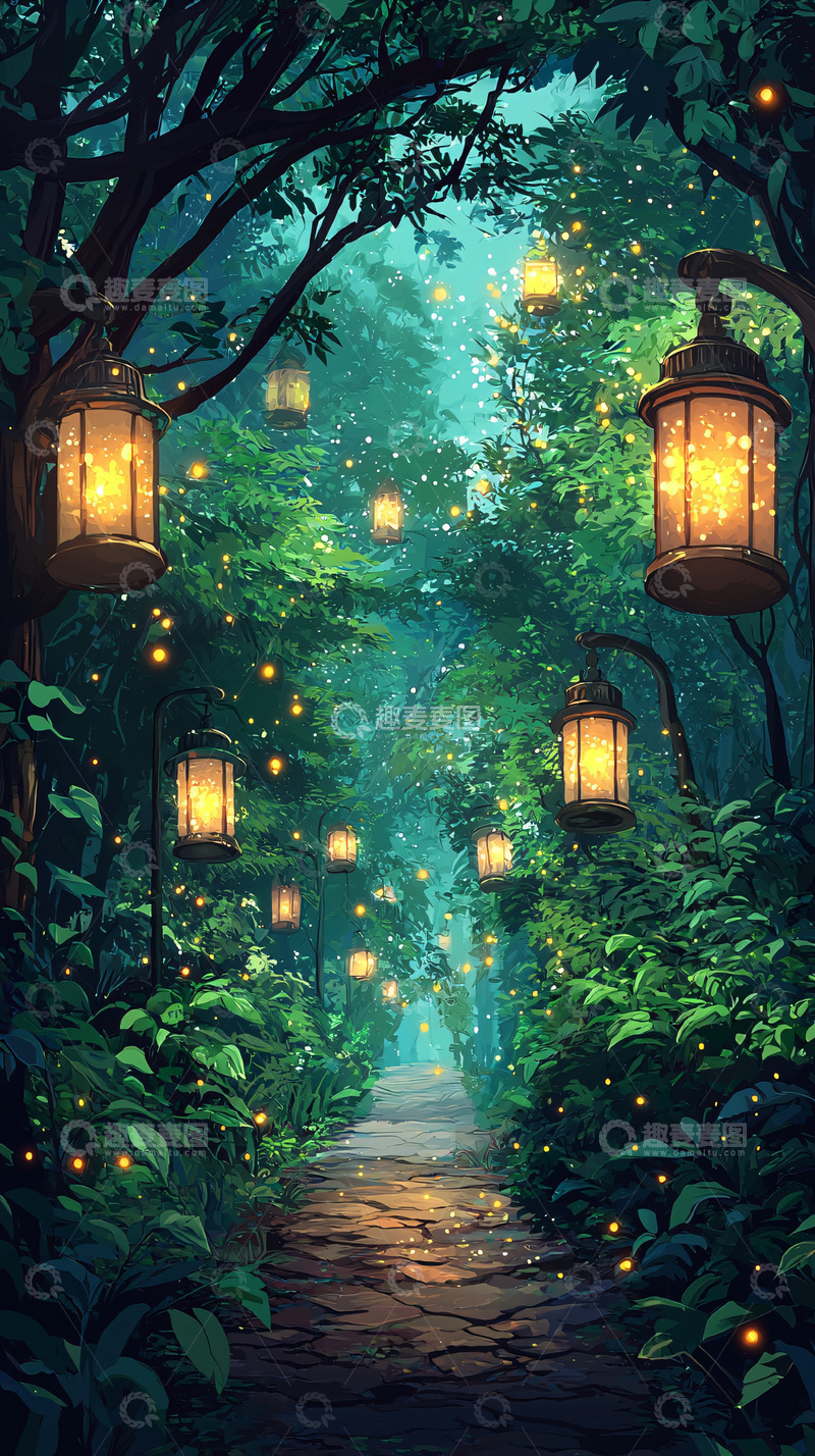 高清大图下载【趣麦麦图】神秘森林小路灯光点点