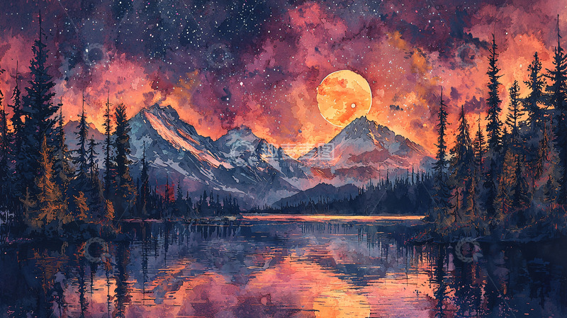 高清大图下载【趣麦麦图】月夜山湖倒影