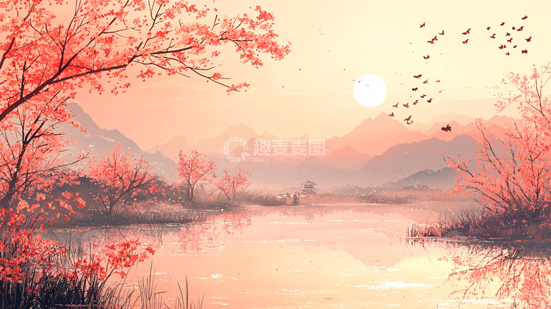 高清大图下载【趣麦麦图】粉红晚霞山峦倒影