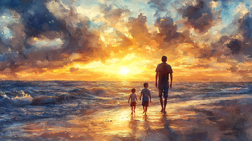 日落海滩父子背影