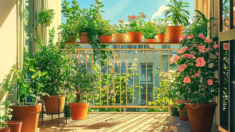 高清大图下载【趣麦麦图】阳光洒满阳台的花园