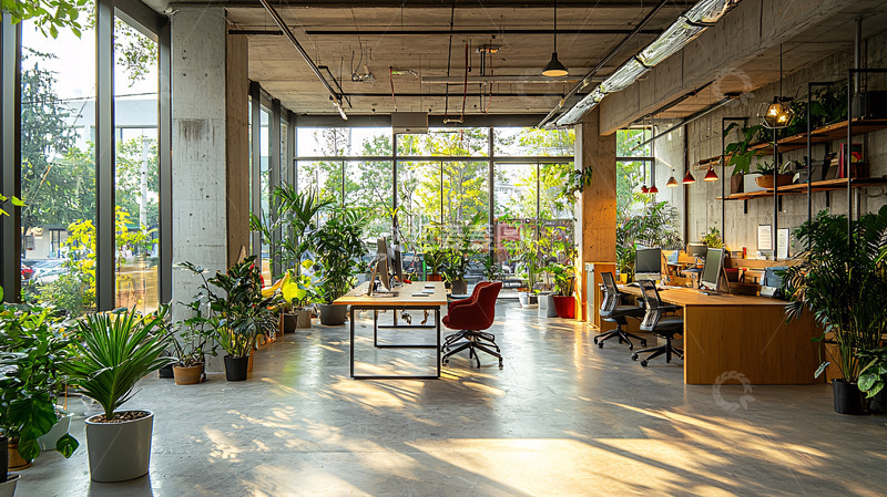 高清大图下载【趣麦麦图】阳光洒进绿植环绕的现代化办公室