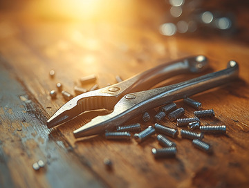 木桌上带阳光的钳子和零件