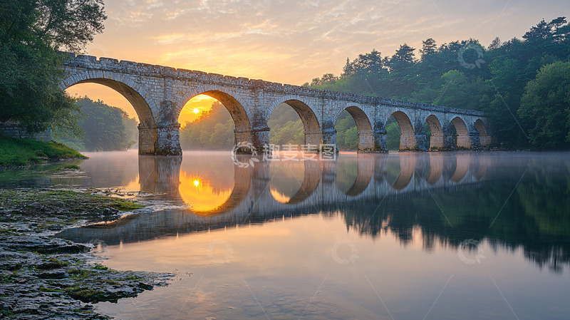 高清大图下载【趣麦麦图】日出时分河流上的古老石桥