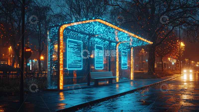高清大图下载【趣麦麦图】夜晚公交站台