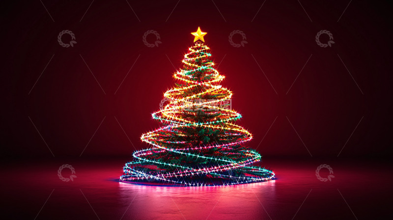 高清大图下载【趣麦麦图】彩色圣诞树灯光螺旋