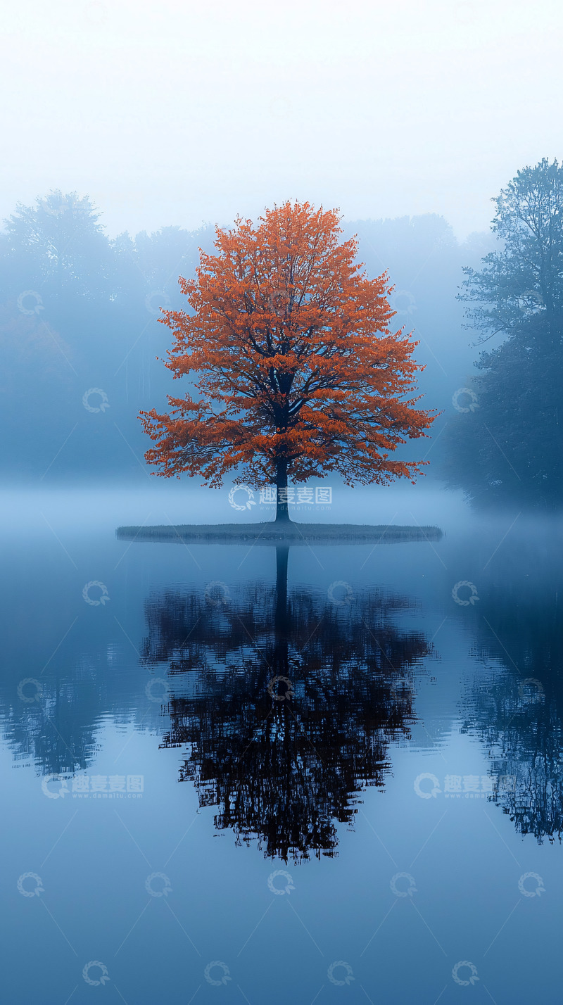 高清大图下载【趣麦麦图】孤树秋色倒影如画
