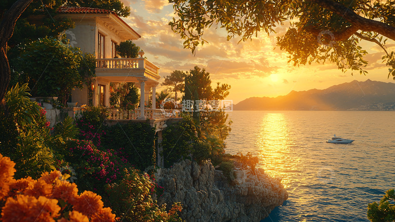 高清大图下载【趣麦麦图】海边别墅落日余晖