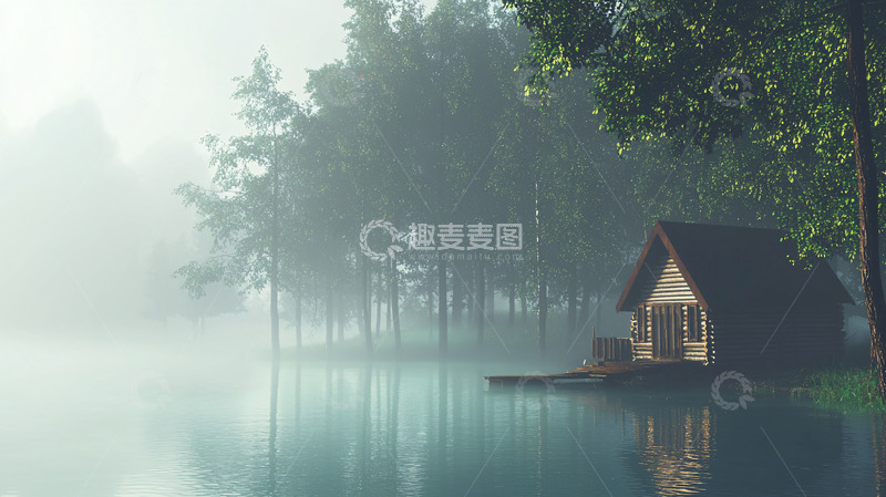 高清大图下载【趣麦麦图】雾气森林湖边小屋
