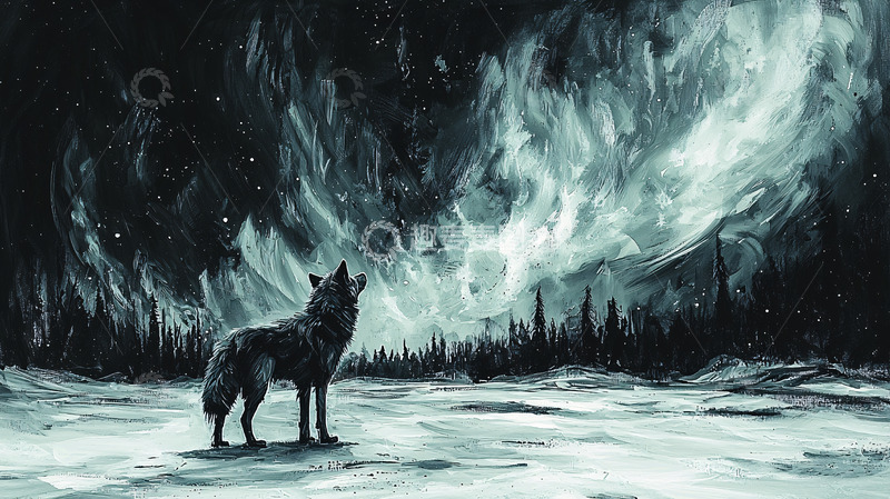 高清大图下载【趣麦麦图】极夜下孤狼仰望极光