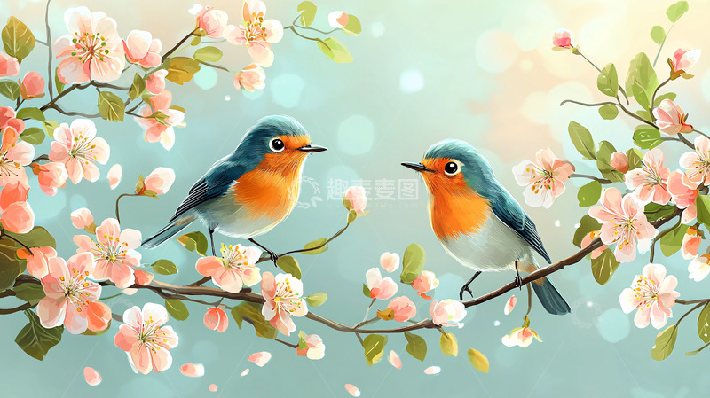 高清大图下载【趣麦麦图】两只小鸟和樱花树